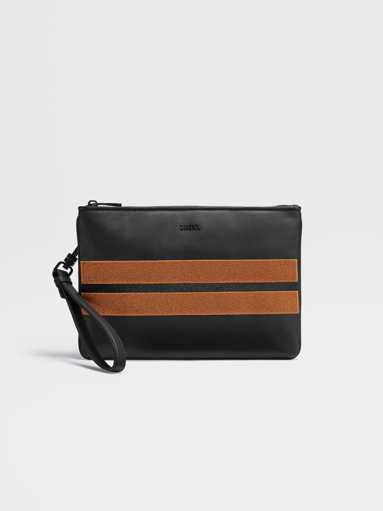 Black Smooth Leather Flat Zip Pouch